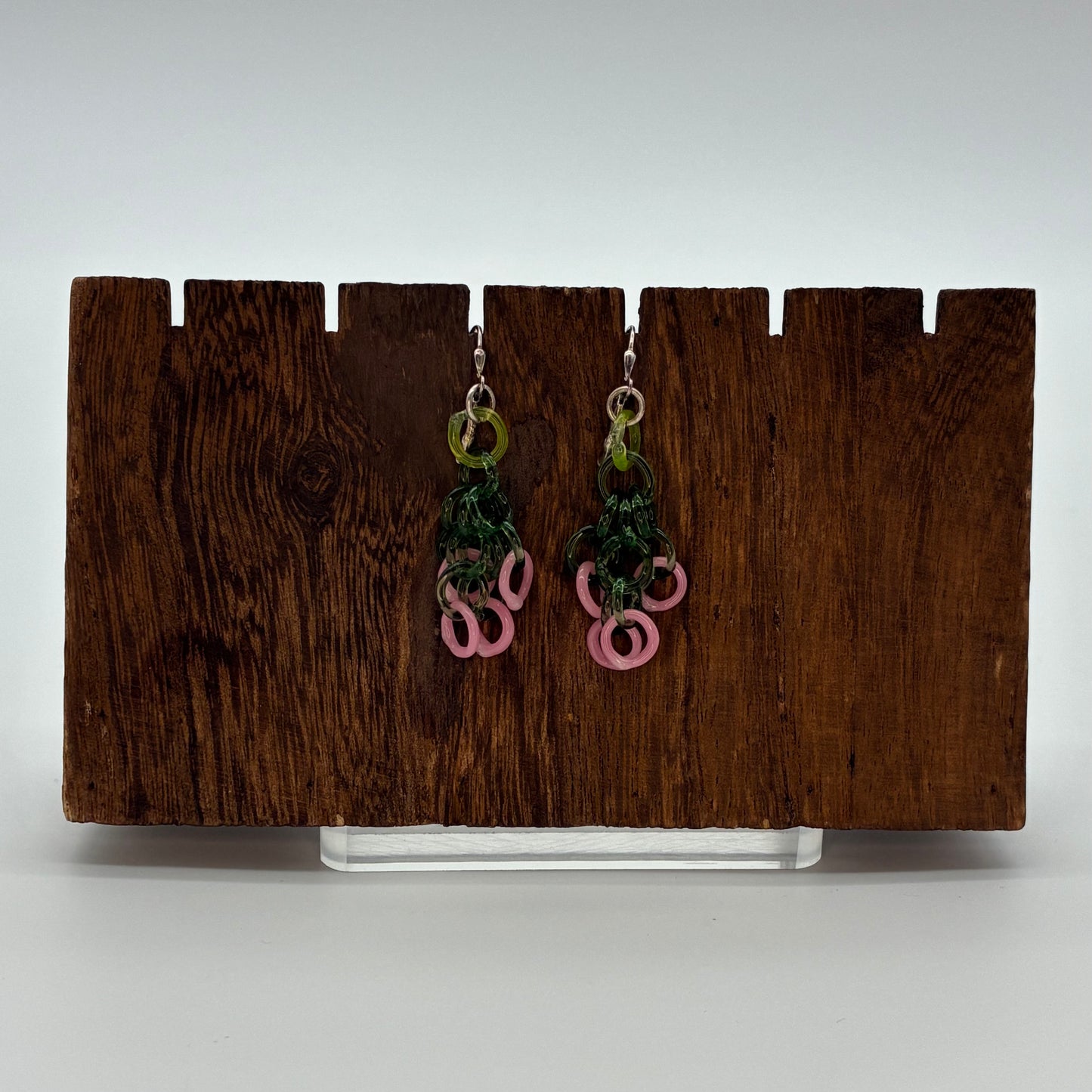 Small Borosilicate Glass Tassel Drop Earrings - Sage/Pink