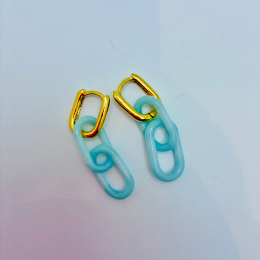 Gold and Glass Chain Link Earrings - Sky Blue