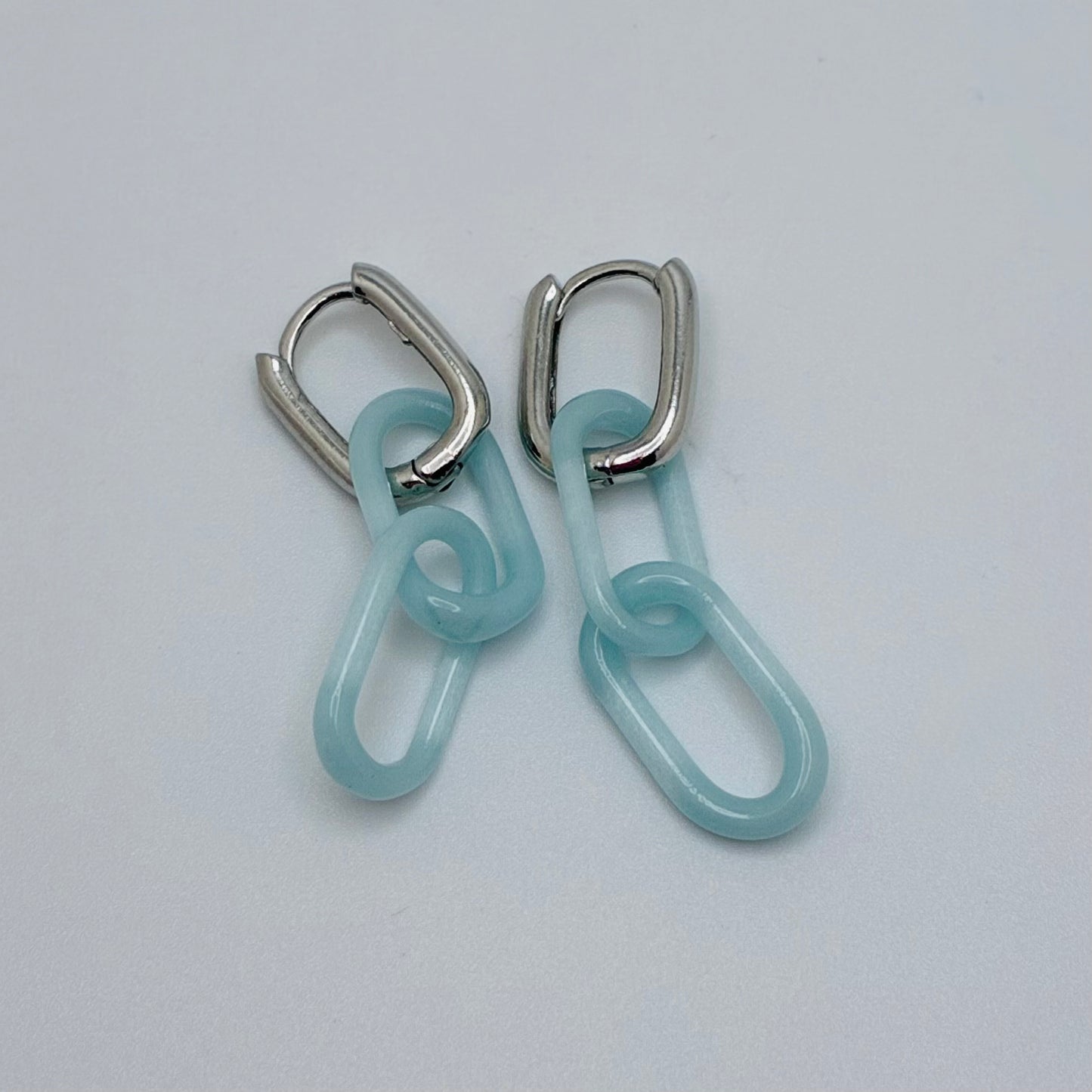 Silver and Glass Chain Link Earrings - Sky Blue