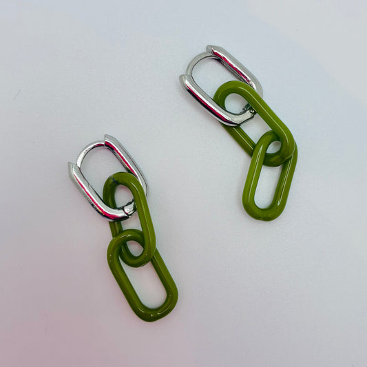 Silver and Glass Chain Link Earrings - Olive