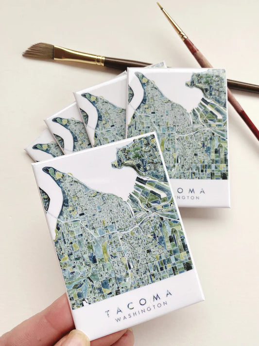 Tacoma WA Watercolor Map - Metal Magnet