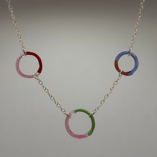 Borosilicate Glass Split Ring Necklace with Sterling silver chain - Red, Green, Pink, Periwinkle