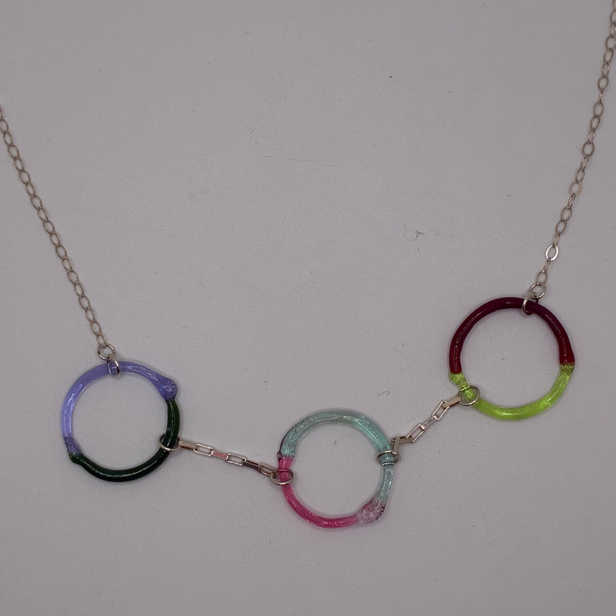Borosilicate Glass Split Ring Necklace with Sterling Silver chain - Lavendar, Green, Red, Pale Yellow