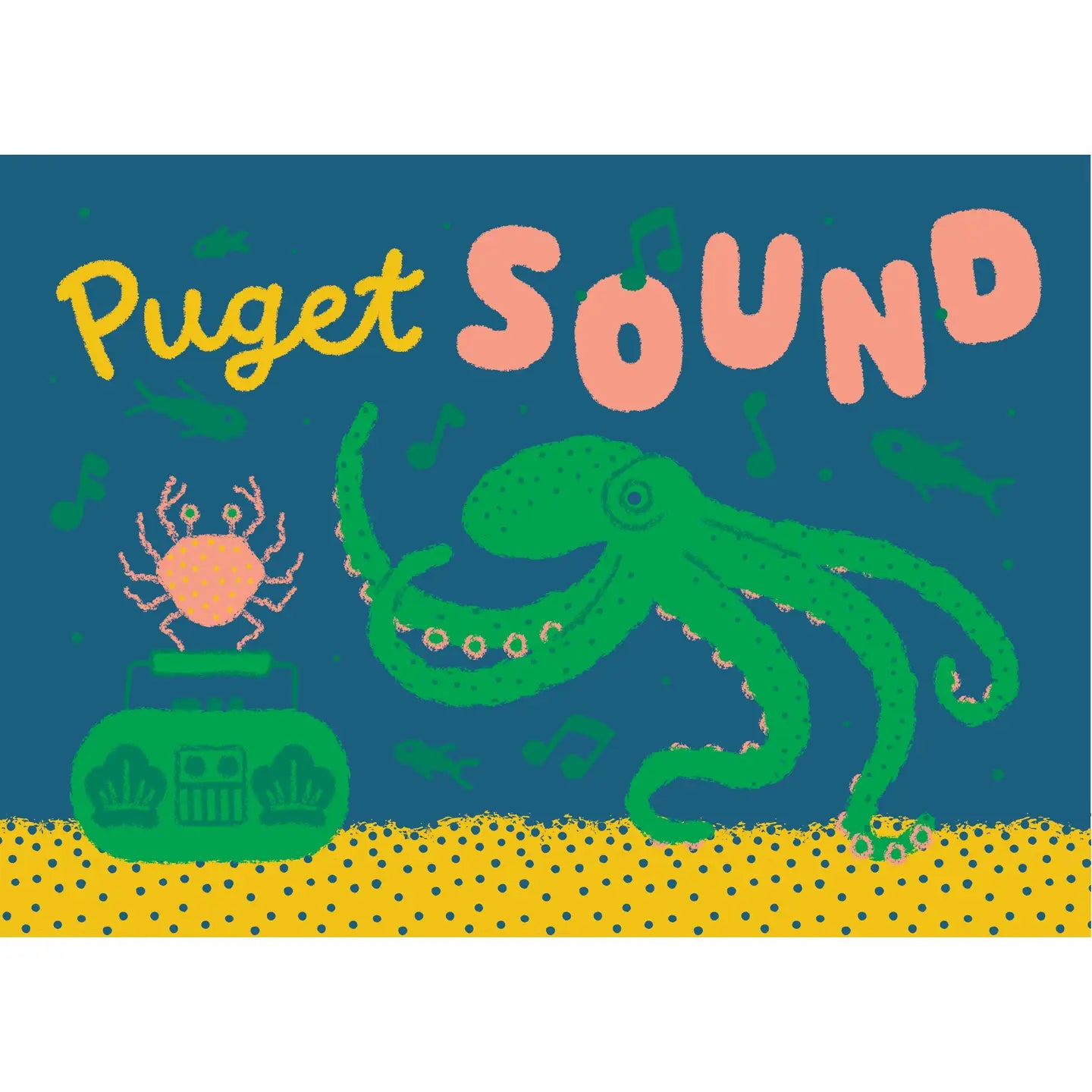 Puget Sound Boombox Octopus Crab and Fish Postcard