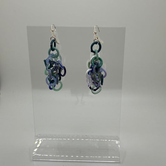 Large Borosilicate Glass Tassel Drop Earrings - Variegated Blue