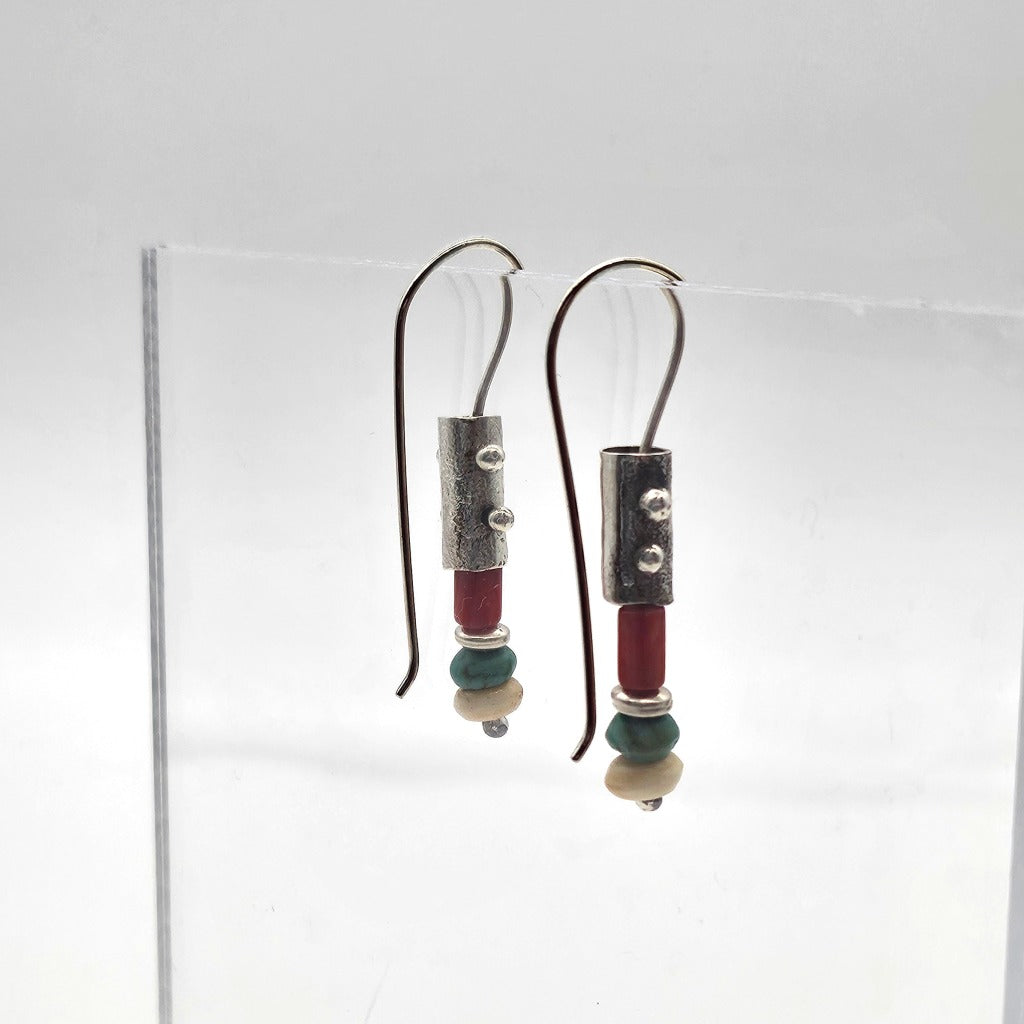 Coral, Turquoise and Bone Earrings