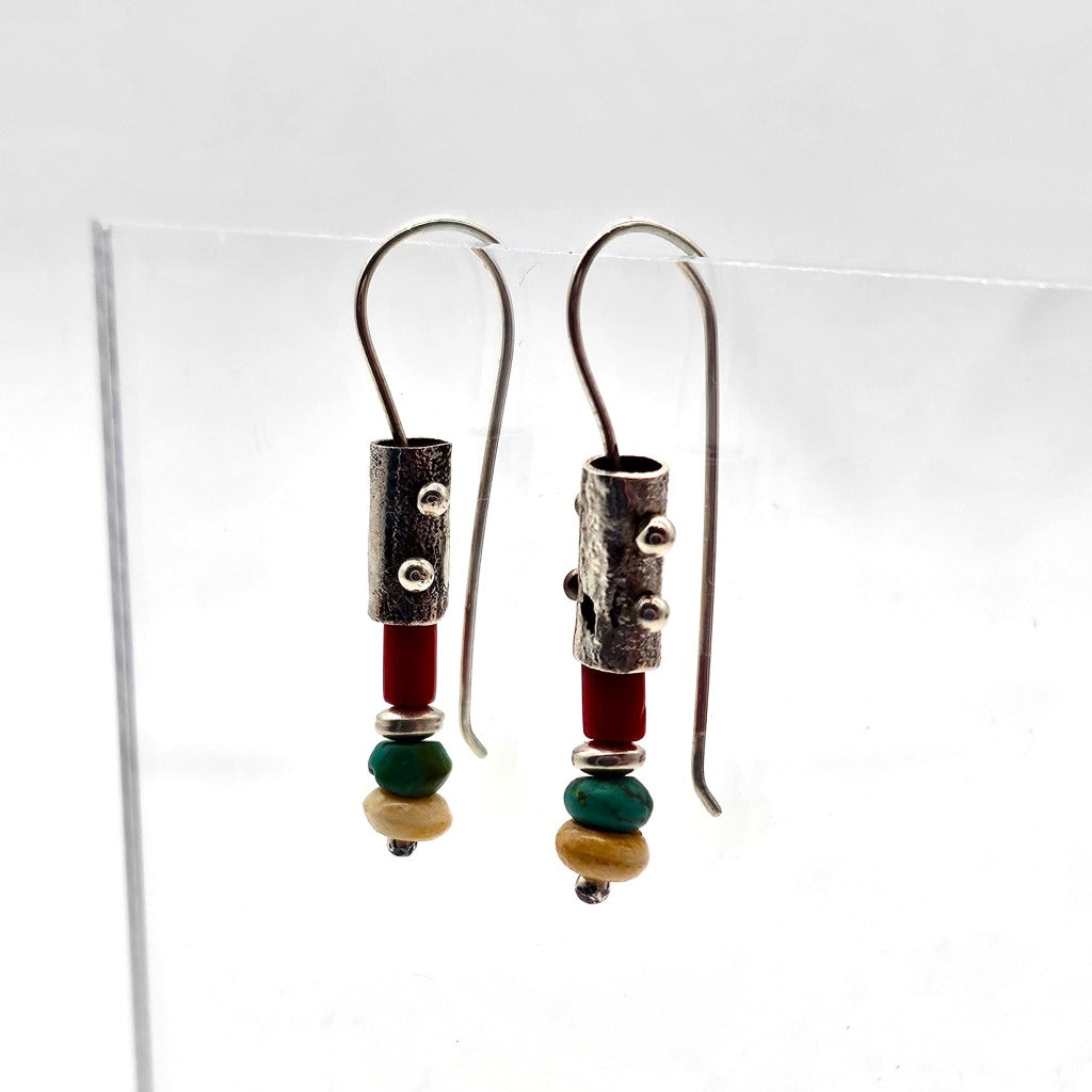 Coral, Turquoise and Bone Earrings