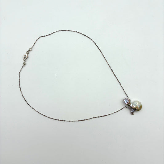 Baroque Freshwater Pearl on Extra-Fine Oxidized Sliver Necklace