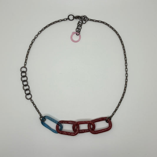 Large Borosilicate Glass Chain Link Necklace - Speckled Red & Clear Blue
