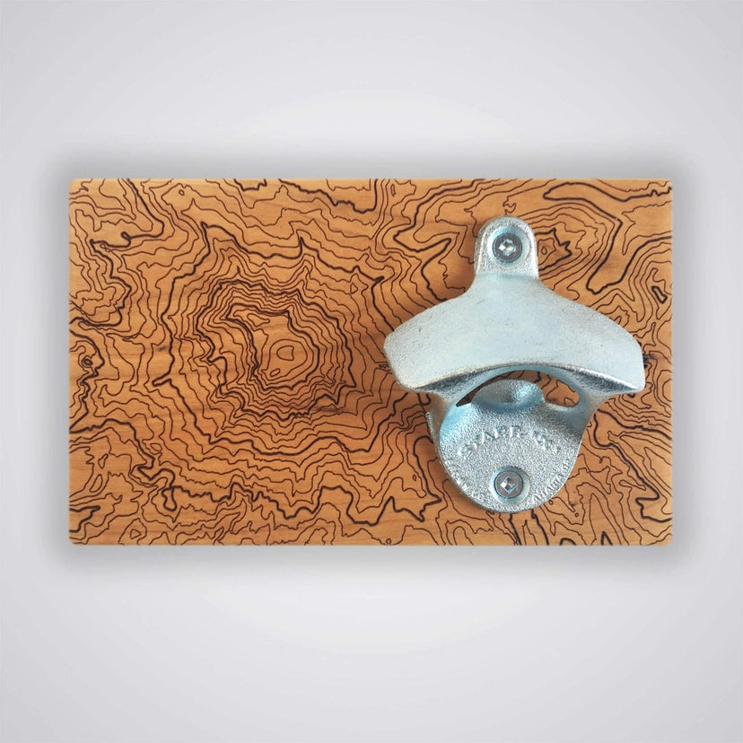 Solid Wood Bottle Opener with Mt. Rainier Topography - Cherry Wood