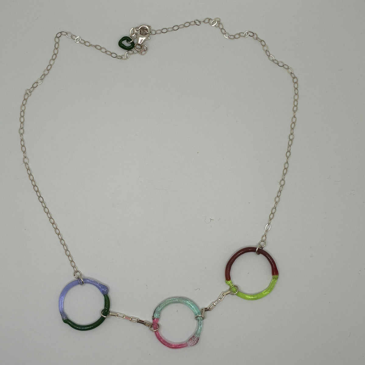 Borosilicate Glass Split Ring Necklace with Sterling Silver chain - Lavendar, Green, Red, Pale Yellow