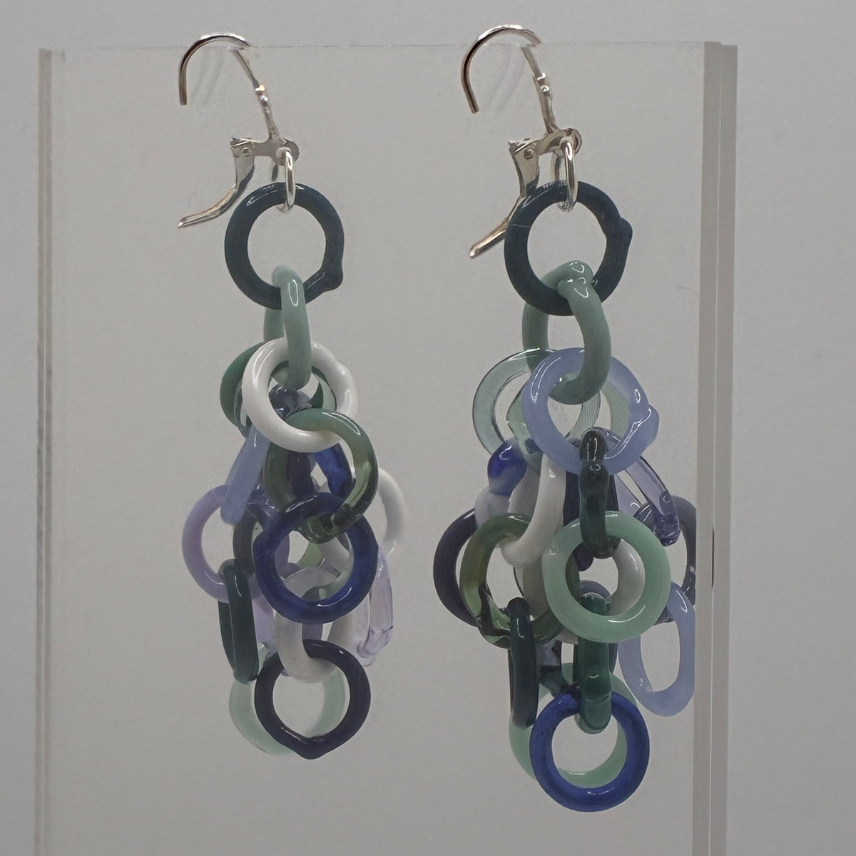 Large Borosilicate Glass Tassel Drop Earrings - Variegated Blue