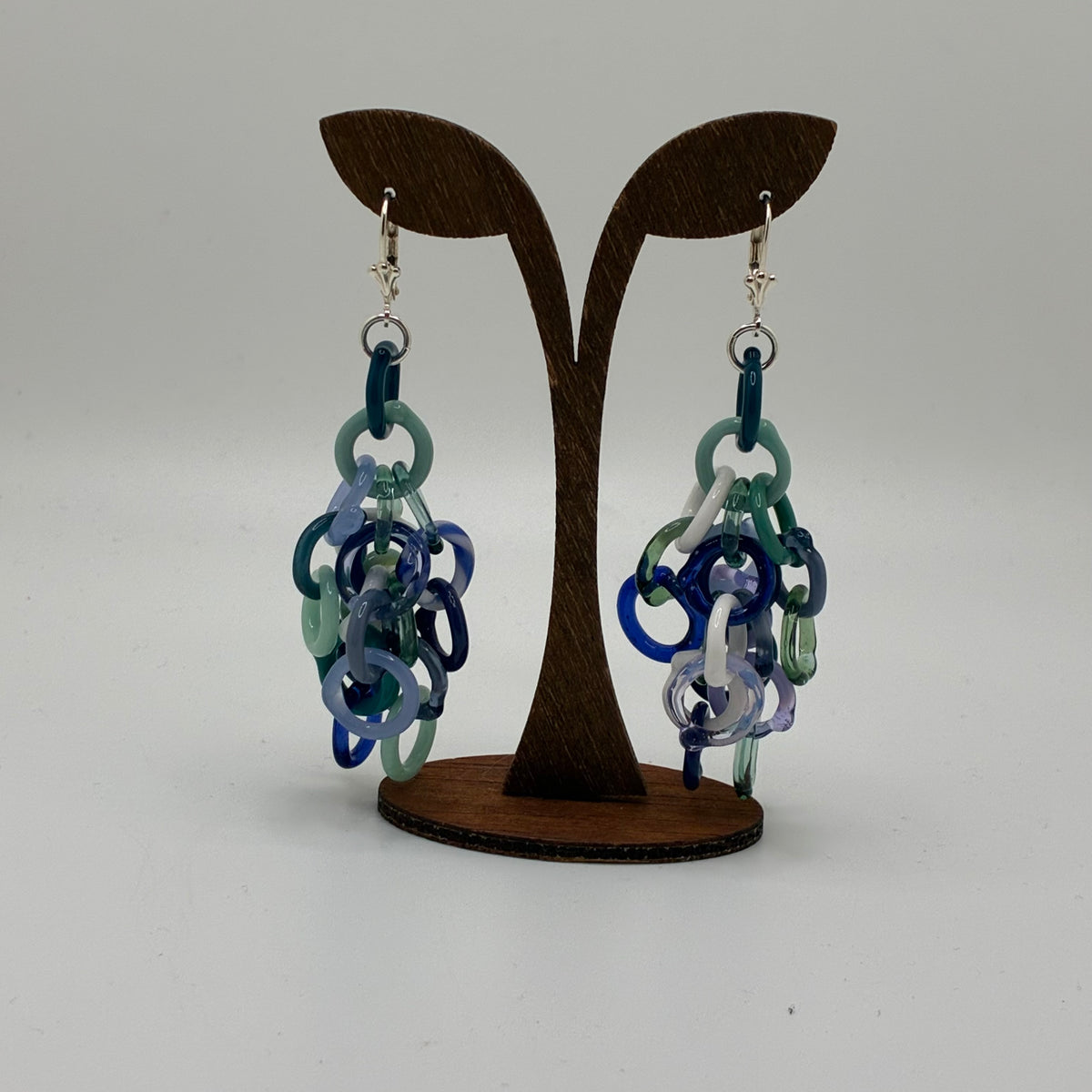 Large Borosilicate Glass Tassel Drop Earrings - Variegated Blue