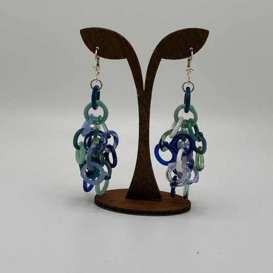 Large Borosilicate Glass Tassel Drop Earrings - Variegated Blue