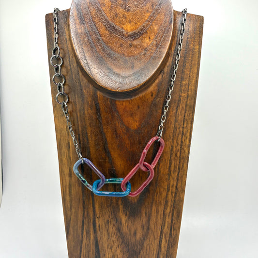 Large Borosilicate Glass Chain Link Necklace - Storm blue, gray, maroon