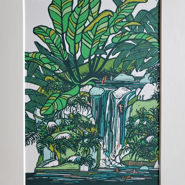 Tropical Waterfall Hawaiian Landscape Matted Art Print