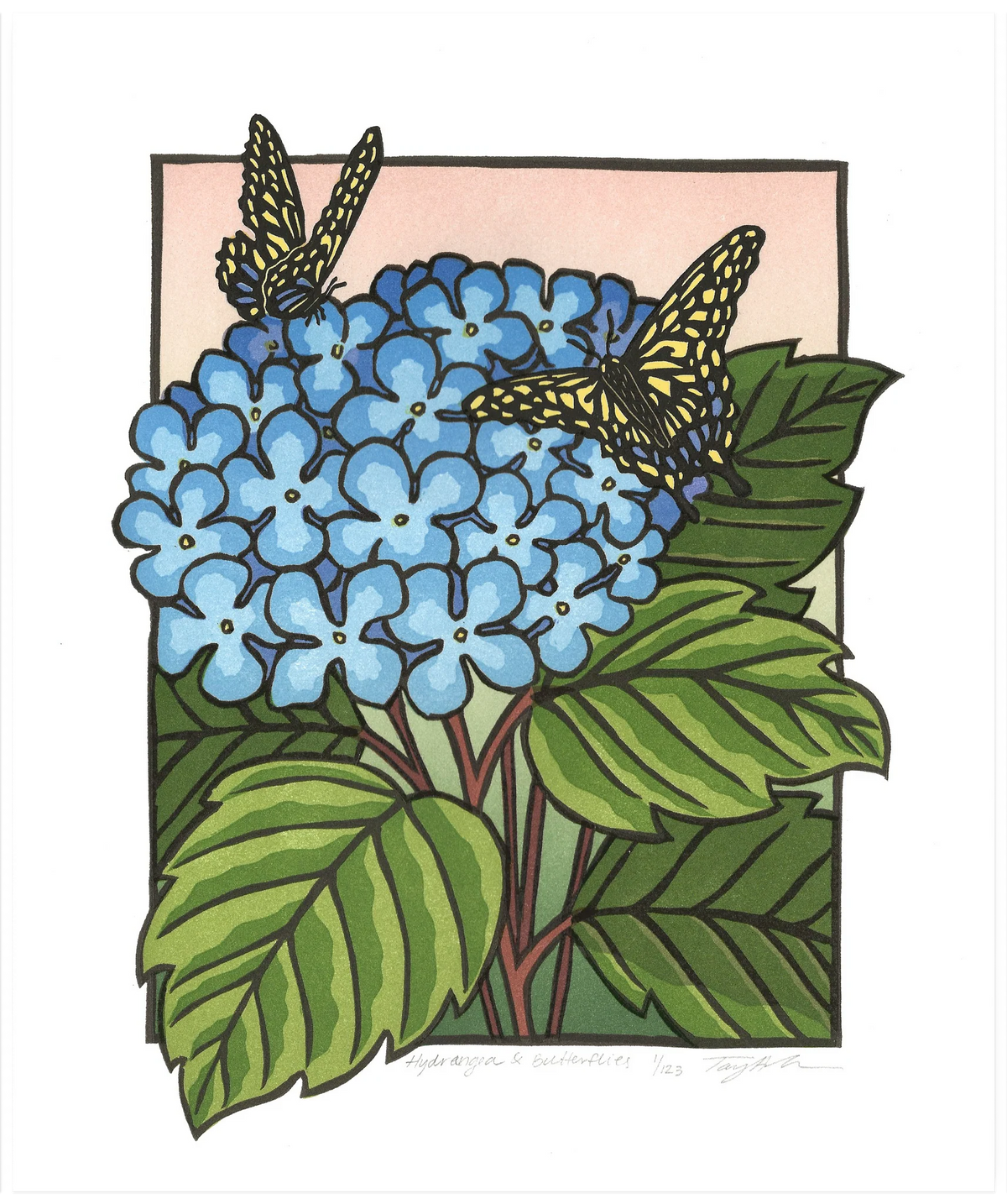 Hydrangea & Butterflies Block Print - framed