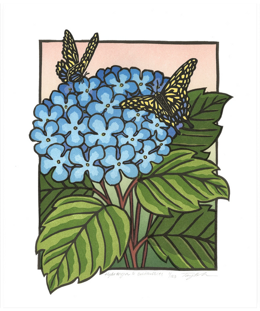 Hydrangea & Butterflies Block Print - framed