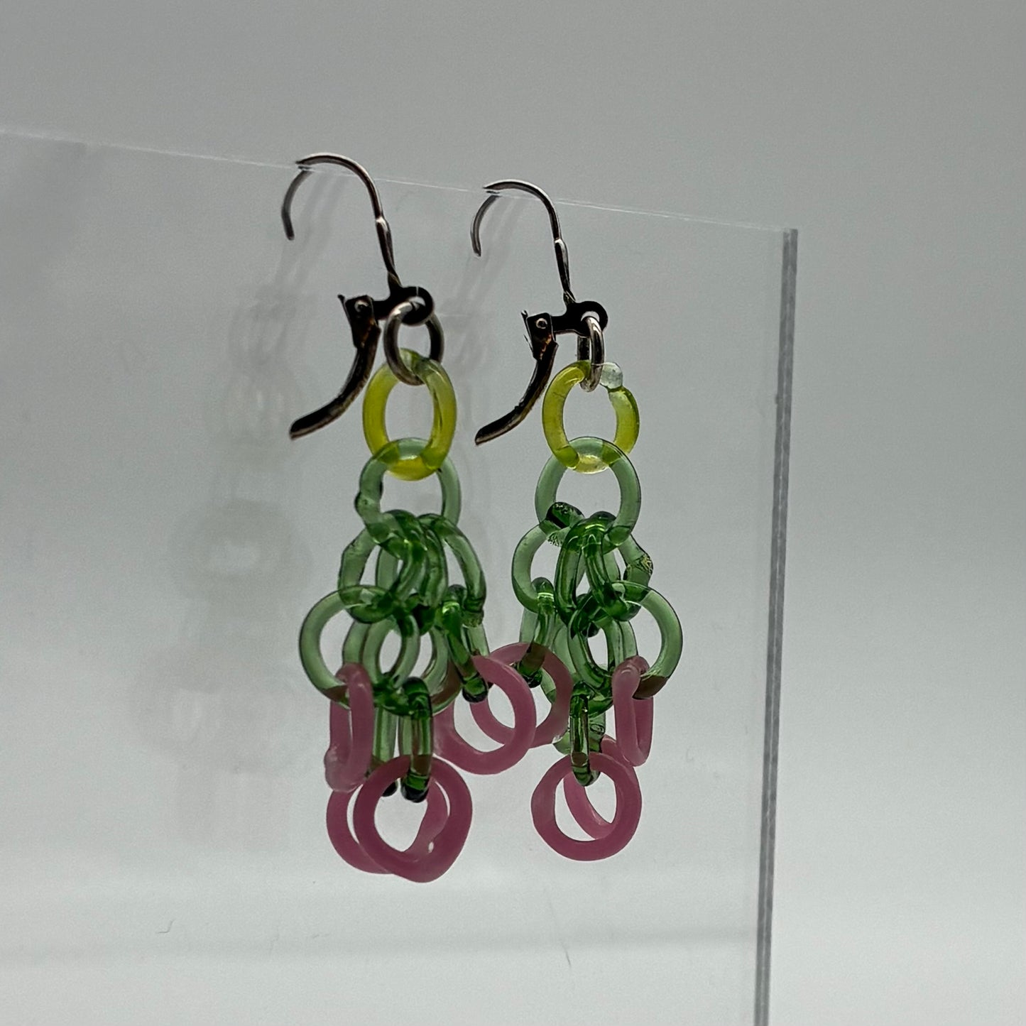 Small Borosilicate Glass Tassel Drop Earrings - Sage/Pink
