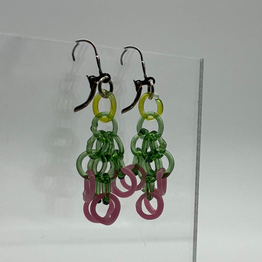 Small Borosilicate Glass Tassel Drop Earrings - Sage/Pink