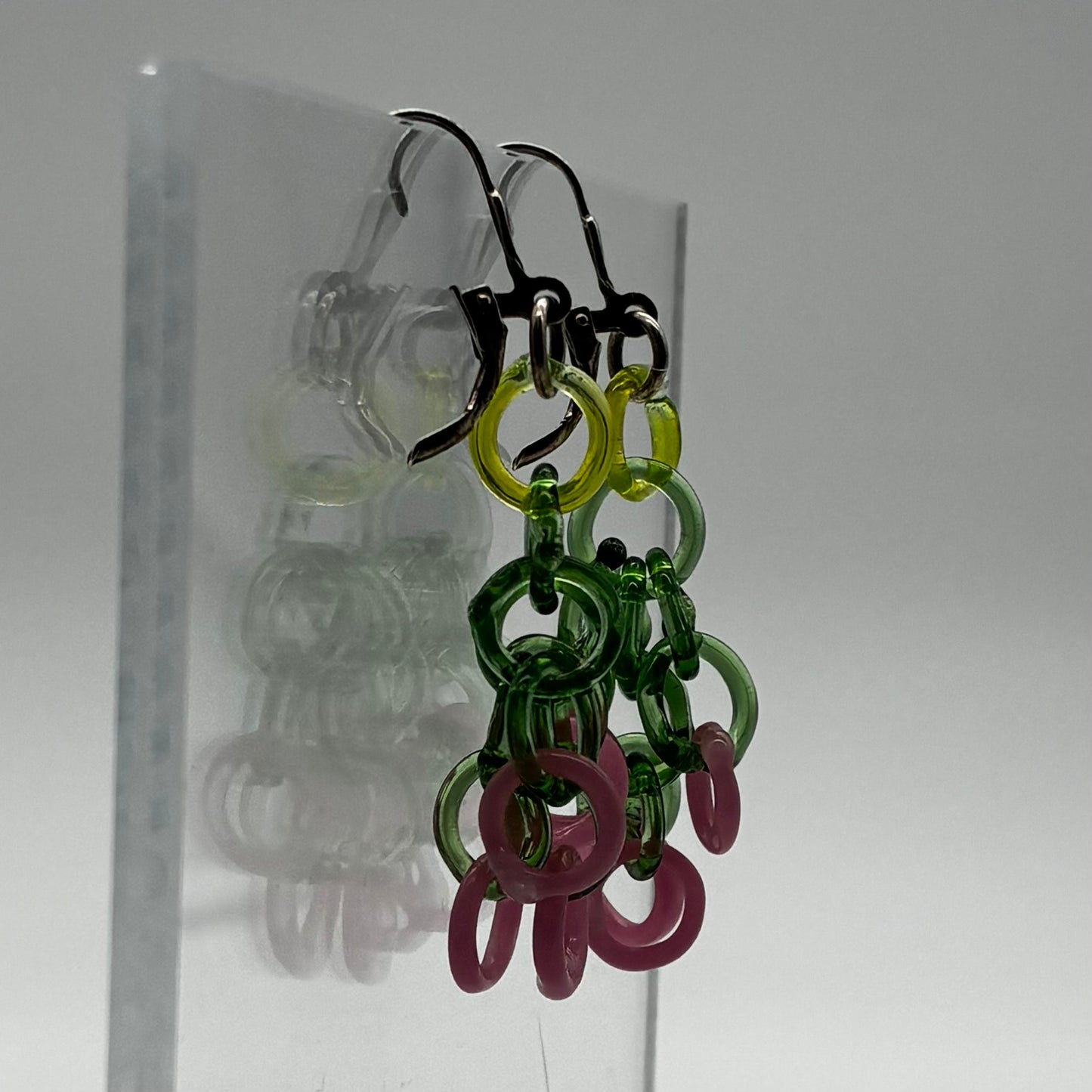Small Borosilicate Glass Tassel Drop Earrings - Sage/Pink