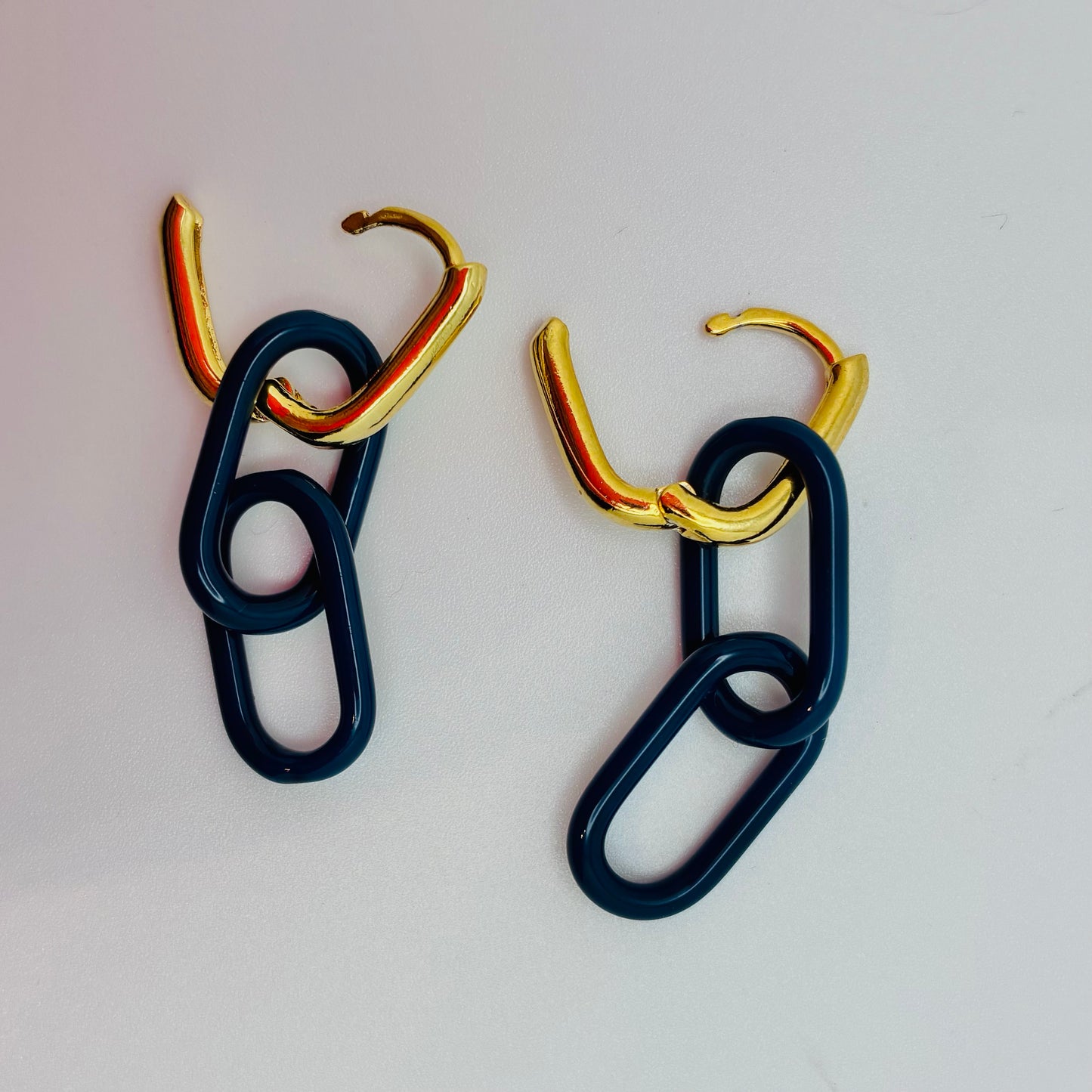 Gold and Glass Chain Link Earrings - Dark Teal