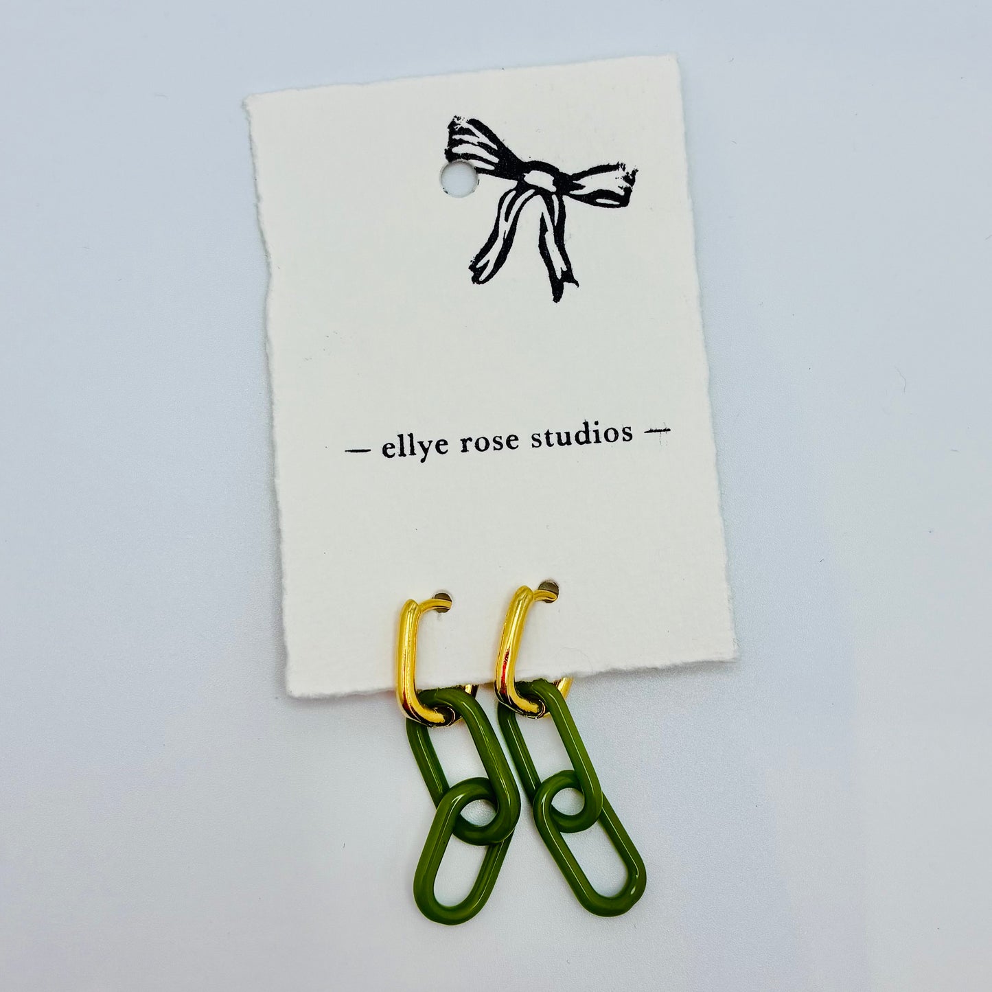 Gold and Glass Chain Link Earrings - Olive