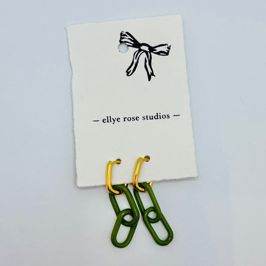 Gold and Glass Chain Link Earrings - Olive