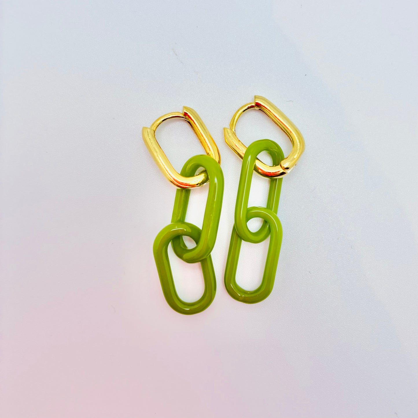 Gold and Glass Chain Link Earrings - Olive