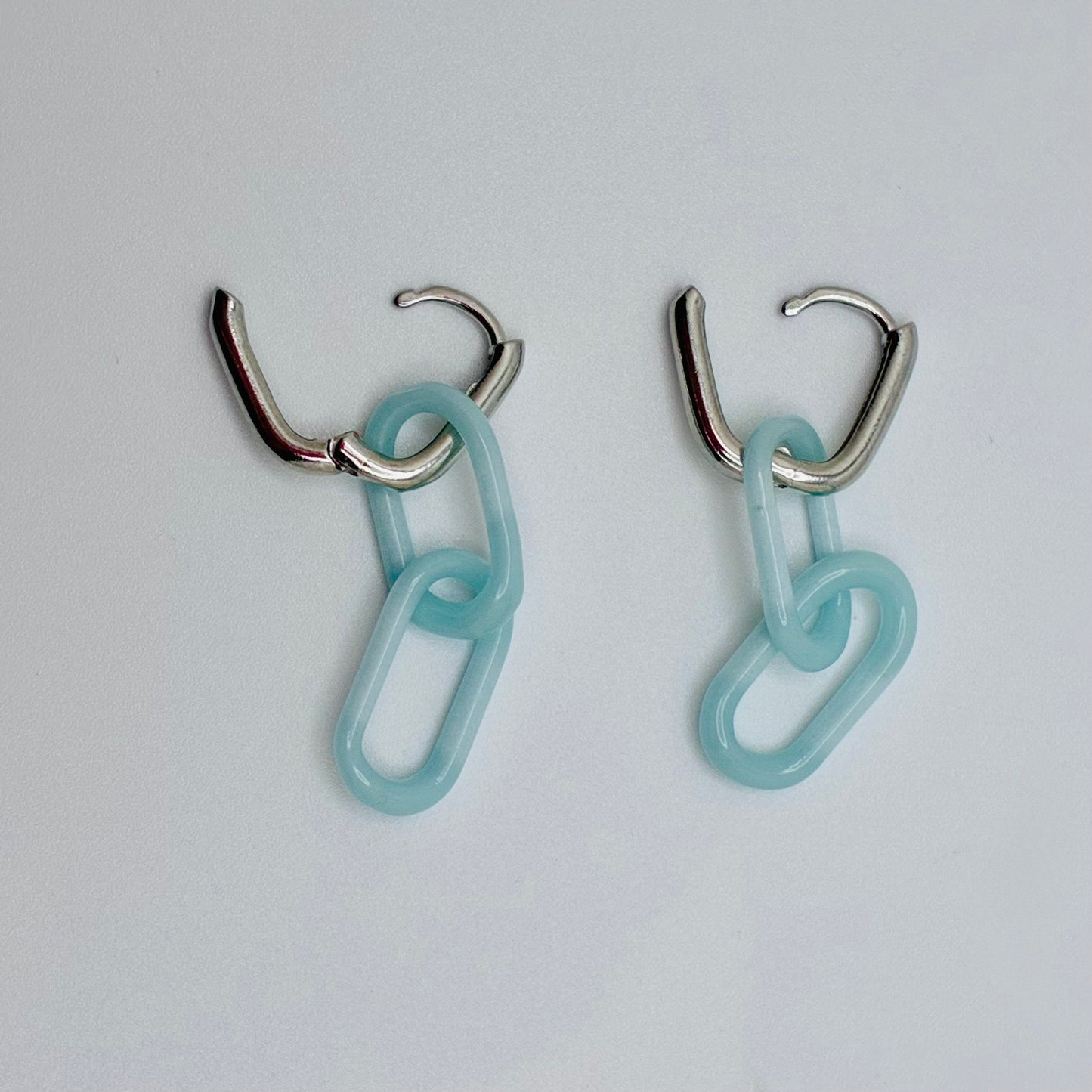 Silver and Glass Chain Link Earrings - Sky Blue