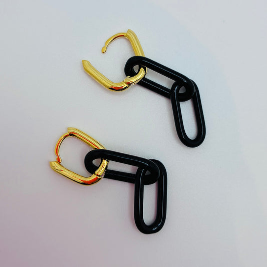 Gold and Glass Chain Link Earrings - Black