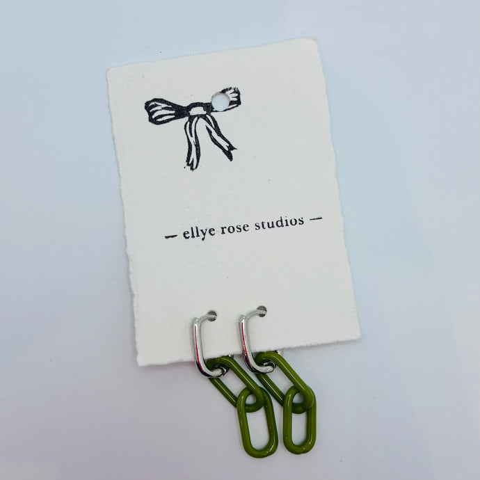 Silver and Glass Chain Link Earrings - Olive