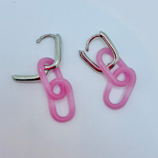 Silver and Glass Chain link Earrings - Pink