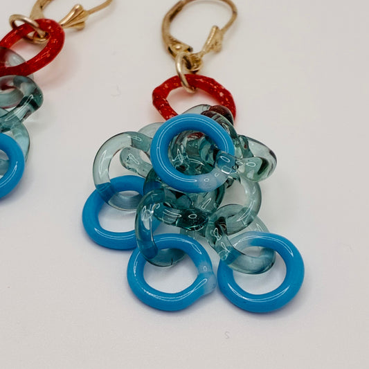 Small Borosilicate Glass Tassel Drop Earrings - Ocean Blue/Confetti