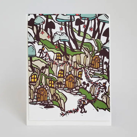 Cute Mushroom Elf Village Blank Holiday Greeting Card