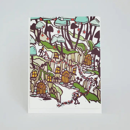 Cute Mushroom Elf Village Blank Holiday Greeting Card